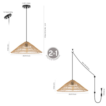 Nova 20.25" Farmhouse Coastal Rattan 180" Cord Plug-In or Hardwired LED Pendant - JONATHAN Y